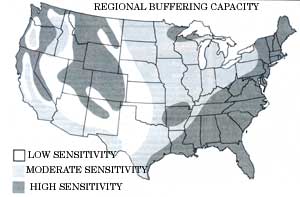This graph demonstrates different regions' abilities to deal with acid rain based on the existing soil.
